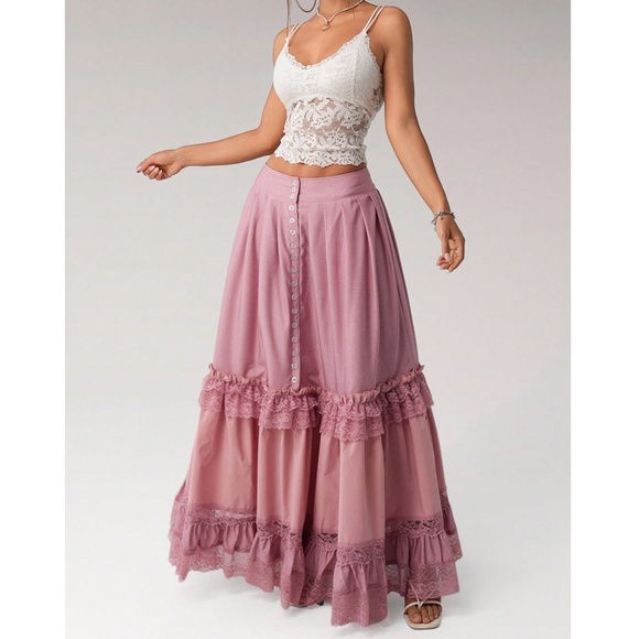 Solid Pink Button. Detail Lace Ruffle hem Flowy Maxi Skirt - Picture 6 of 6